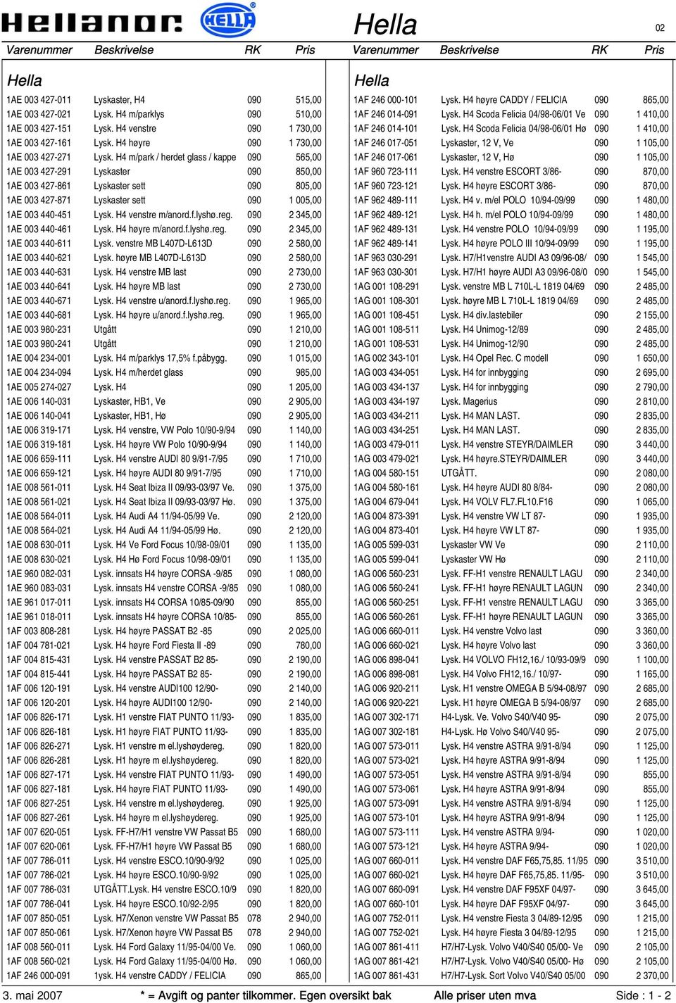 H4 venstre m/anord.f.lyshø.reg. 090 2 345,00 1AE 003 440-461 Lysk. H4 høyre m/anord.f.lyshø.reg. 090 2 345,00 1AE 003 440-611 Lysk. venstre MB L407D-L613D 090 2 580,00 1AE 003 440-621 Lysk.