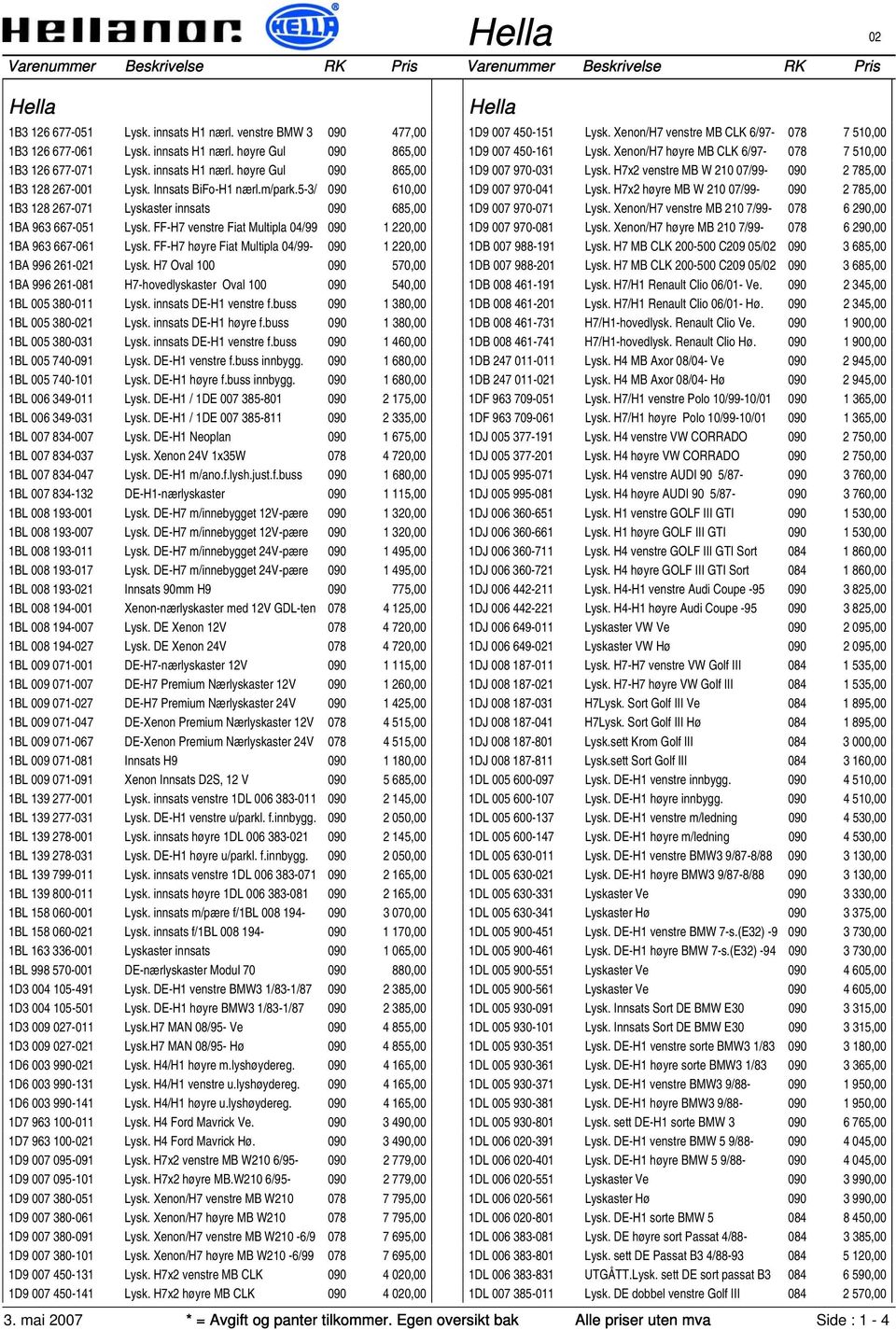 FF-H7 høyre Fiat Multipla 04/99-090 1 220,00 1BA 996 261-1 Lysk. H7 Oval 100 090 570,00 1BA 996 261-081 H7-hovedlyskaster Oval 100 090 540,00 1BL 005 380-011 Lysk. innsats DE-H1 venstre f.