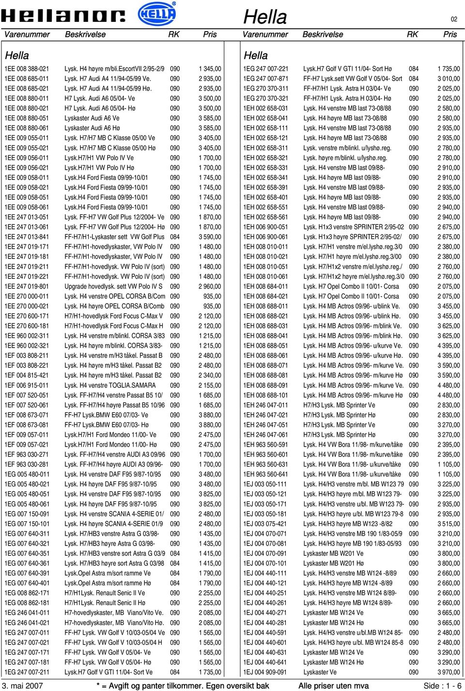 Audi A6 05/04- Hø 090 3 500,00 1EE 008 880-051 Lyskaster Audi A6 Ve 090 3 585,00 1EE 008 880-061 Lyskaster Audi A6 Hø 090 3 585,00 1EE 009 055-011 Lysk.