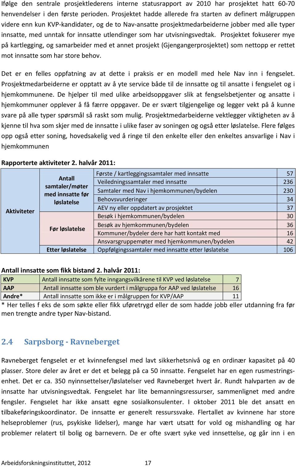 utlendinger som har utvisningsvedtak. Prosjektet fokuserer mye på kartlegging, og samarbeider med et annet prosjekt (Gjengangerprosjektet) som nettopp er rettet mot innsatte som har store behov.