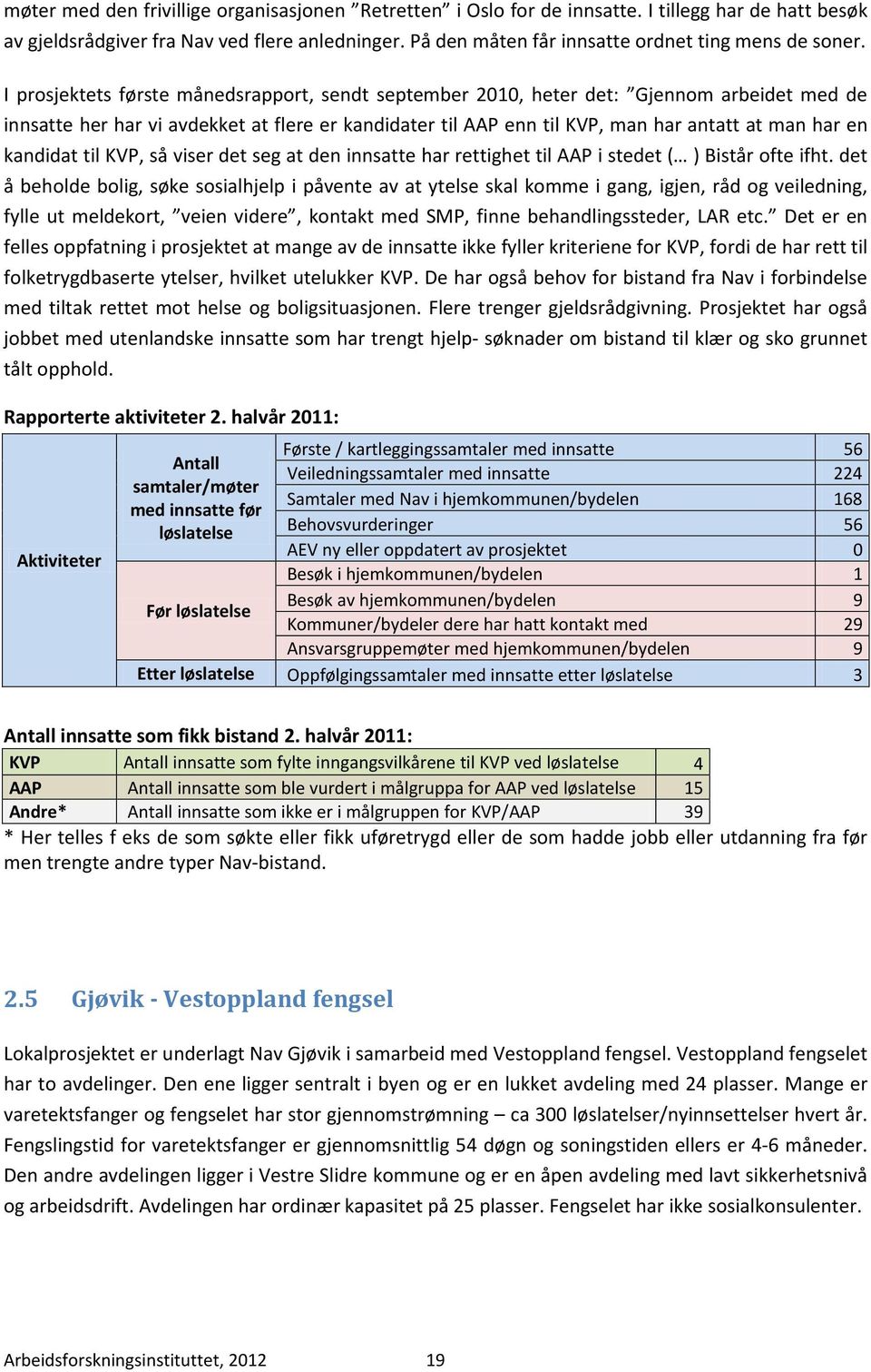 I prosjektets første månedsrapport, sendt september 2010, heter det: Gjennom arbeidet med de innsatte her har vi avdekket at flere er kandidater til AAP enn til KVP, man har antatt at man har en