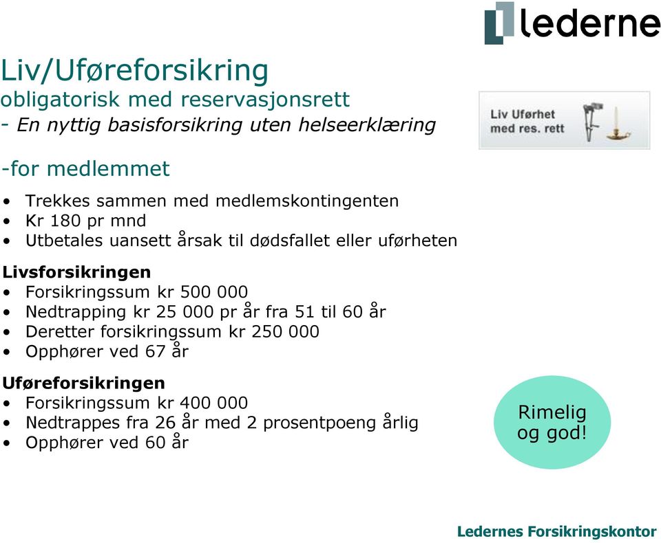 Livsforsikringen Forsikringssum kr 500 000 Nedtrapping kr 25 000 pr år fra 51 til 60 år Deretter forsikringssum kr 250 000