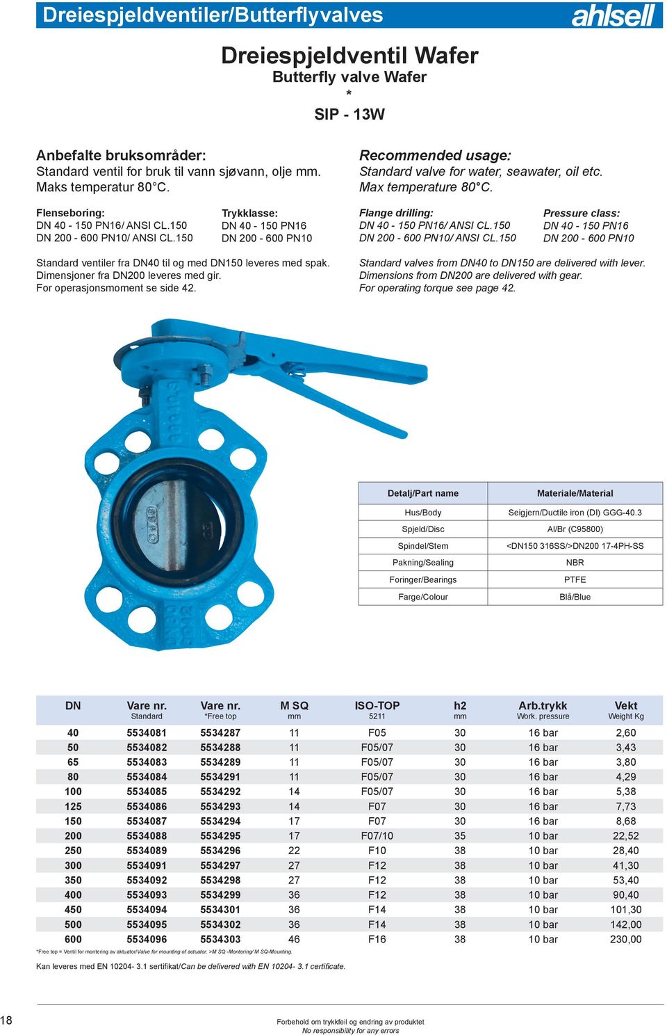 150 Trykklasse: DN 40-150 PN16 DN 200-600 PN10 Flange drilling: DN 40-150 PN16/ ANSI CL.150 DN 200-600 PN10/ ANSI CL.