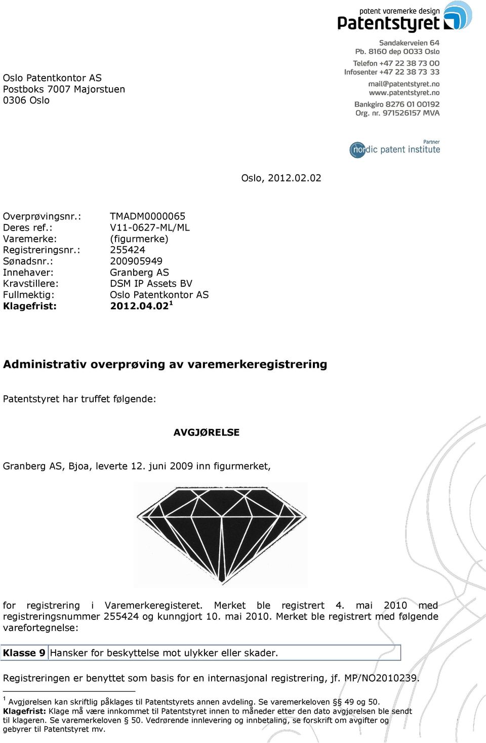 02 1 Administrativ overprøving av varemerkeregistrering Patentstyret har truffet følgende: AVGJØRELSE Granberg AS, Bjoa, leverte 12. juni 2009 inn figurmerket, for registrering i Varemerkeregisteret.