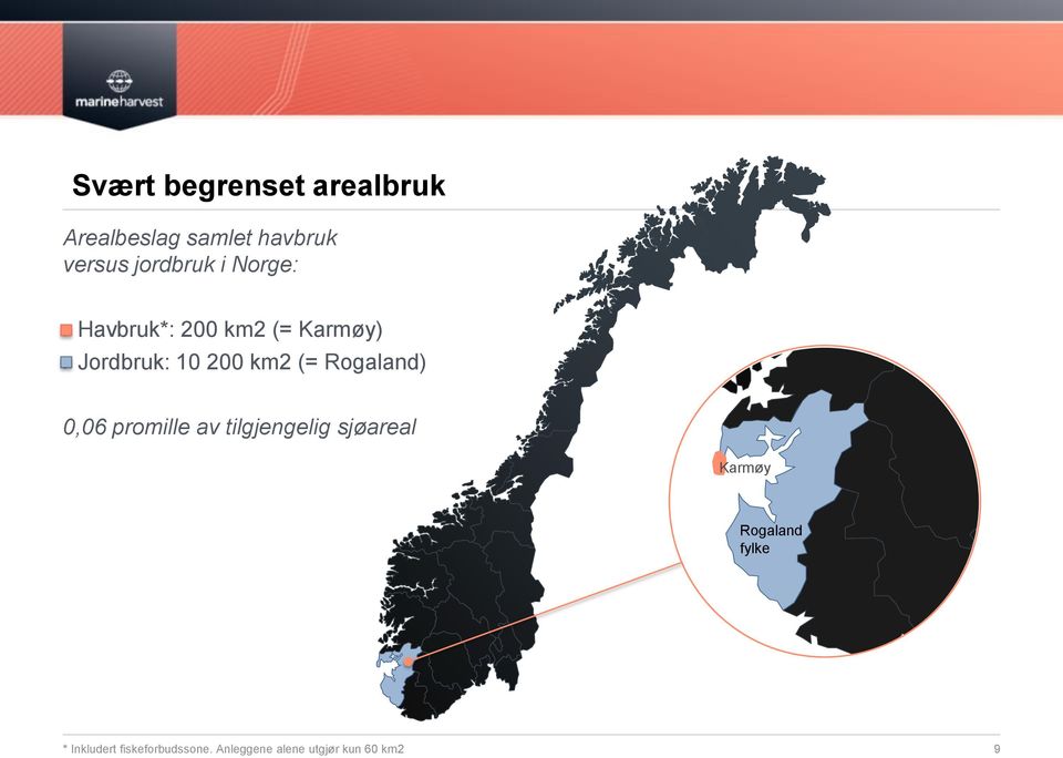 km2 (= Rogaland) 0,06 promille av tilgjengelig sjøareal Karmøy