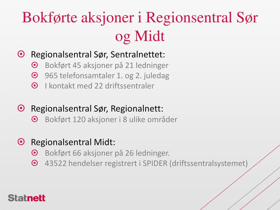 juledag I kontakt med 22 driftssentraler Regionalsentral Sør, Regionalnett: Bokført 120