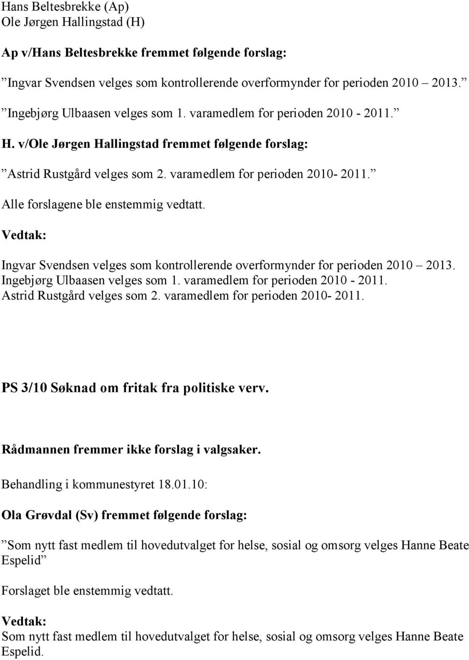 Vedtak: Ingvar Svendsen velges som kontrollerende overformynder for perioden 2010 2013. Ingebjørg Ulbaasen velges som 1. varamedlem for perioden 2010-2011. Astrid Rustgård velges som 2.