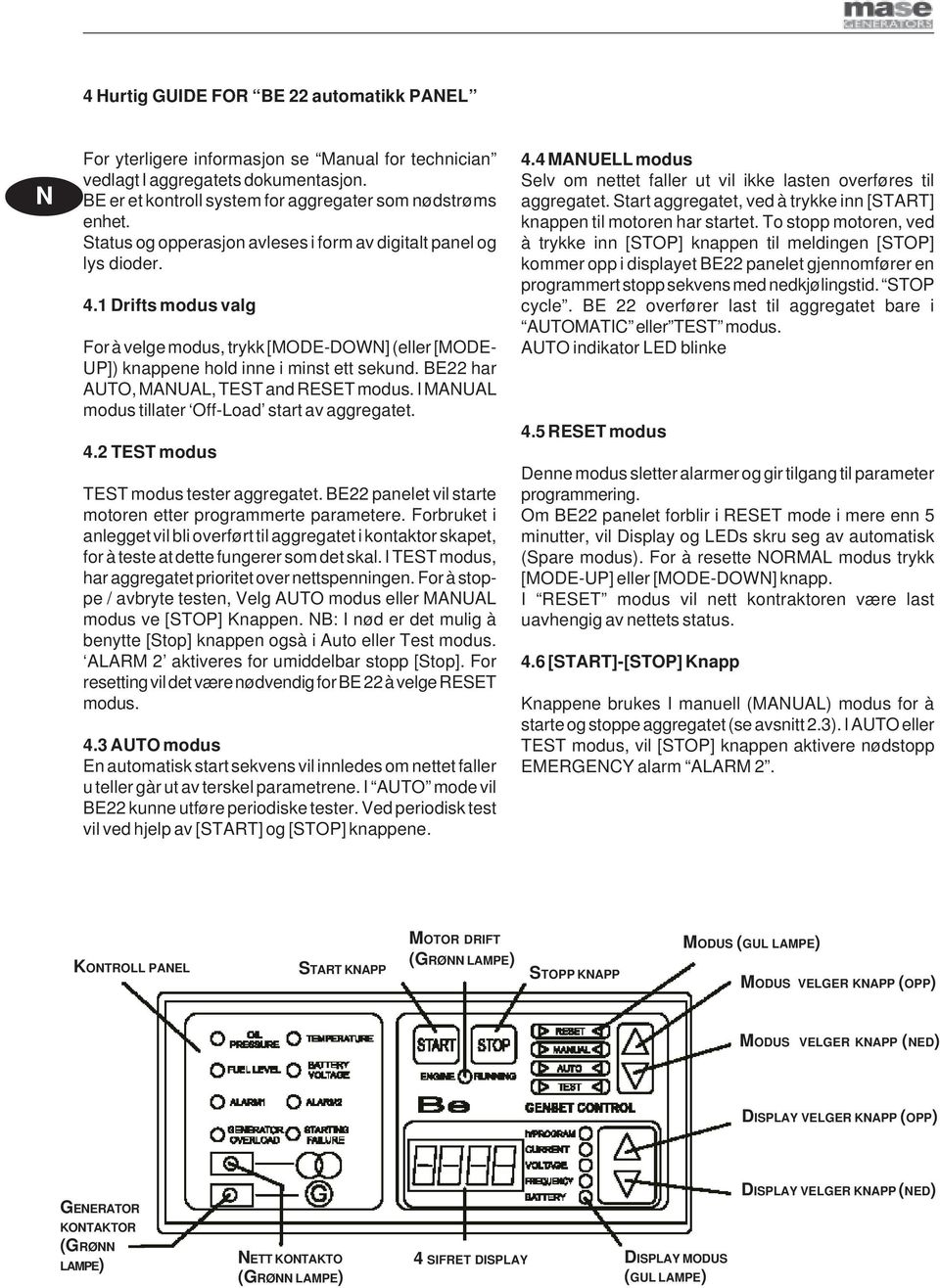 BE22 har AUTO, MAUAL, TEST and RESET modus. I MAUAL modus tillater Off-Load start av aggregatet. 4.2 TEST modus TEST modus tester aggregatet.