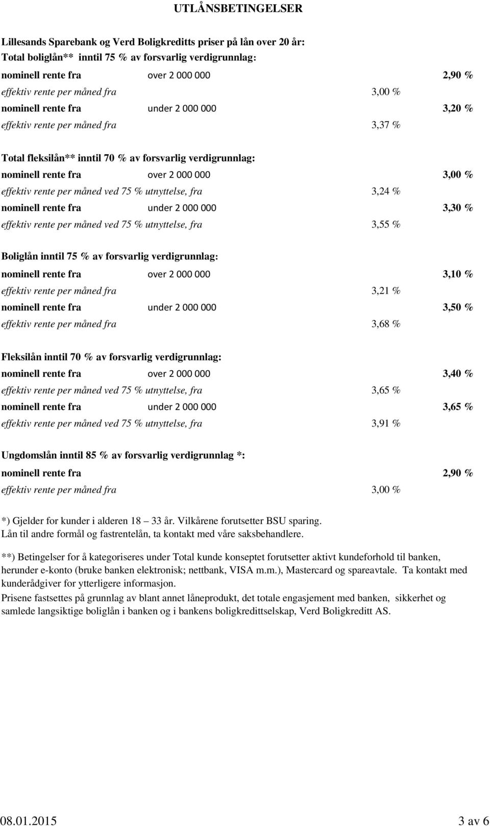 3,00 % effektiv rente per måned ved 75 % utnyttelse, fra 3,24 % nominell rente fra under 2 000 000 3,30 % effektiv rente per måned ved 75 % utnyttelse, fra 3,55 % Boliglån inntil 75 % av forsvarlig