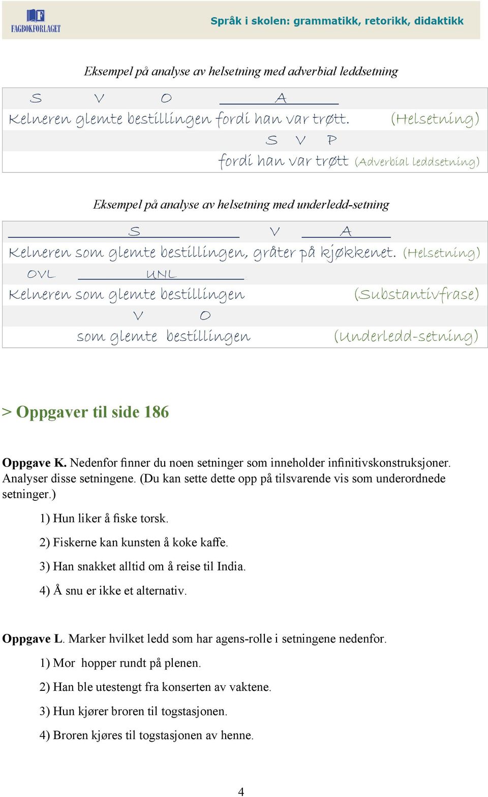 (Helsetning) OVL UNL. Kelneren som glemte bestillingen V O som glemte bestillingen (Substantivfrase) (Underledd-setning) > Oppgaver til side 186 Oppgave K.