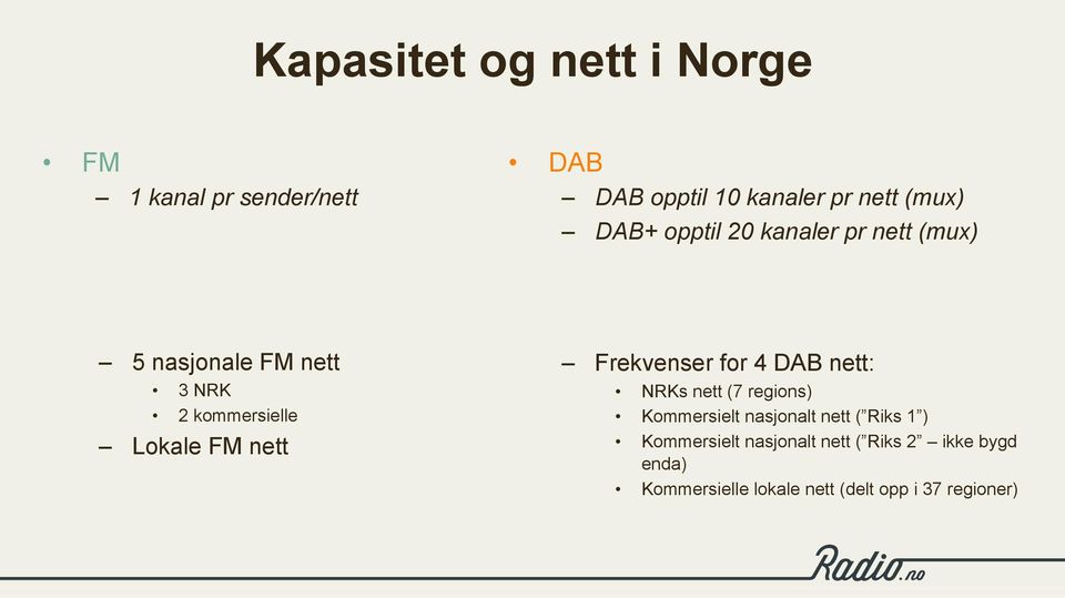 Frekvenser for 4 DAB nett: NRKs nett (7 regions) Kommersielt nasjonalt nett ( Riks 1 )