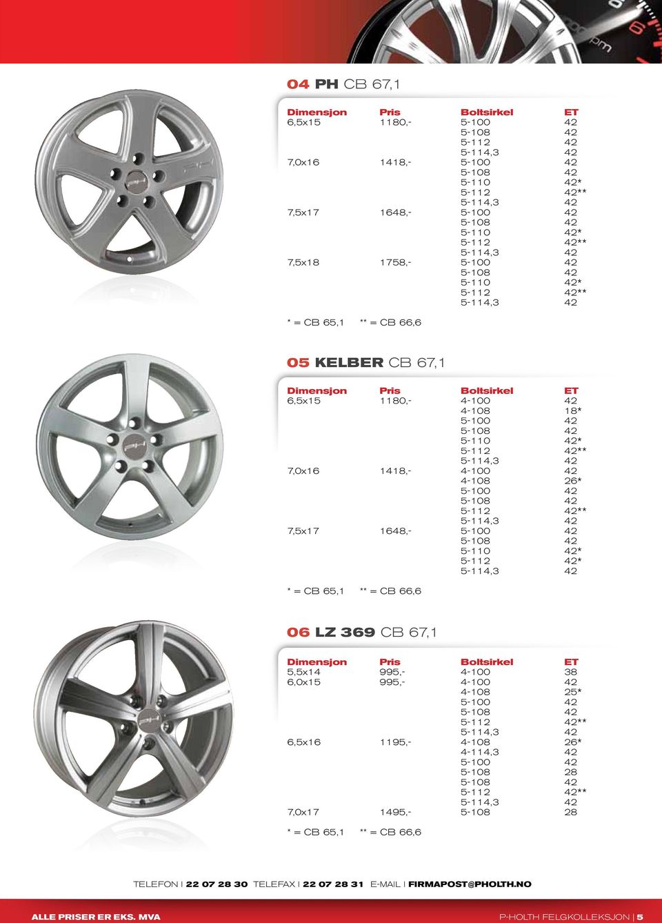 5-112 42** 7,5x17 1648,- 5-100 42 5-110 42* 5-112 42* * = CB 65,1 ** = CB 66,6 06 Lz 369 cb 67,1 5,5x14 995,- 4-100 38 6,0x15 995,- 4-100 42 4-108 25* 5-100 42