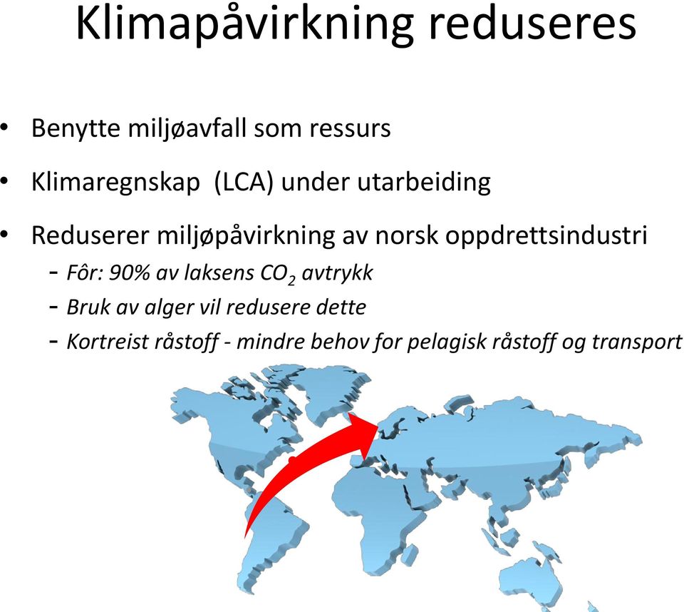 oppdrettsindustri - Fôr: 90% av laksens CO 2 avtrykk - Bruk av alger