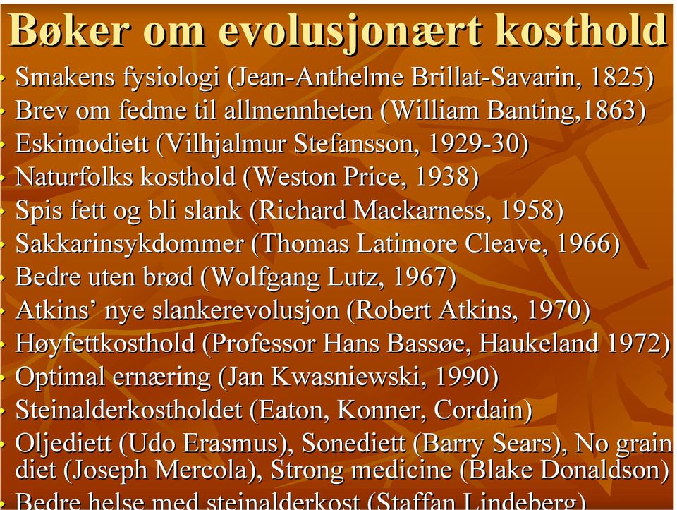 brød d (Wolfgang Lutz, 1967) Atkins nye slankerevolusjon (Robert Atkins, 1970) Høyfettkosthold (Professor Hans Bassøe,, Haukeland 1972) Optimal ernæring ring (Jan