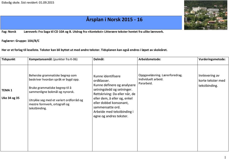 Tidspunkt Kompetansemål: (punkter fra K-06) Delmål: Arbeidsmetode: Vurderingsmetode: TEMA 1 Uke 34 og 35 Beherske grammatiske begrep som beskriver hvordan språk er bygd opp.