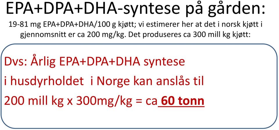 Det produseres ca 300 mill kg kjøtt: Dvs: Årlig EPA+DPA+DHA syntese