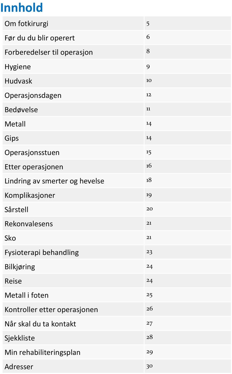 hevelse 18 Komplikasjoner 19 Sårstell 20 Rekonvalesens 21 Sko 21 Fysioterapi behandling 23 Bilkjøring 24 Reise 24