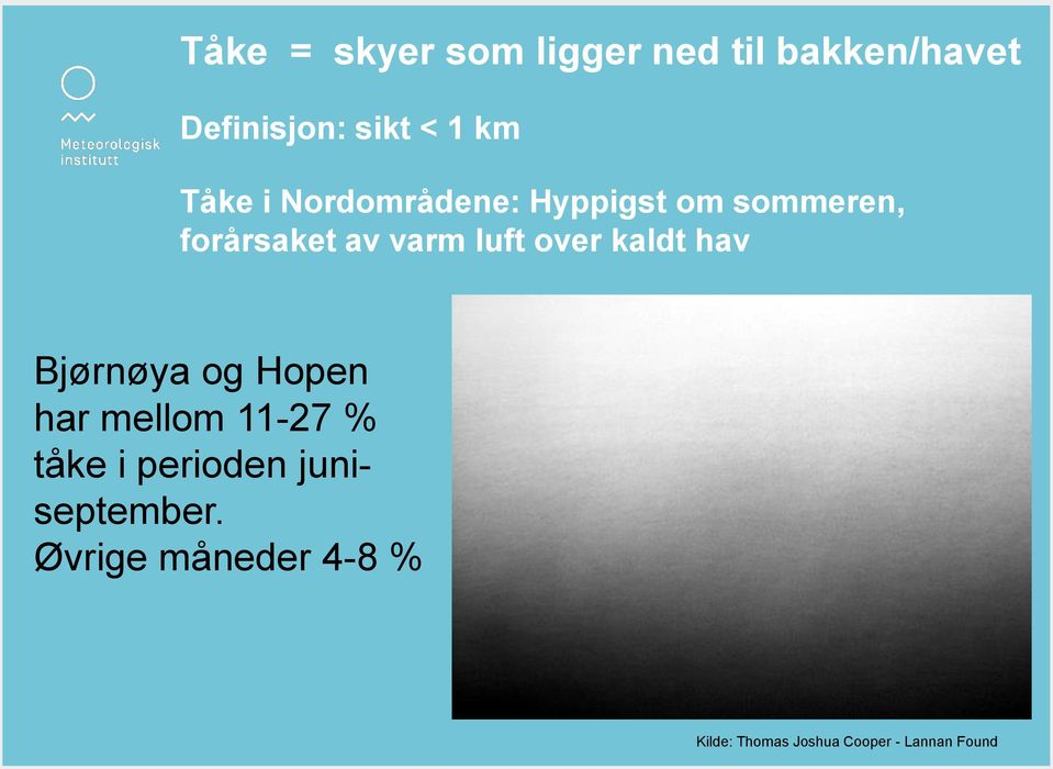 over kaldt hav Bjørnøya og Hopen har mellom 11-27 % tåke i perioden