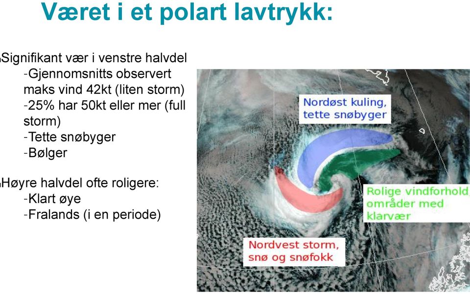 storm) 25% har 50kt eller mer (full storm) Tette snøbyger