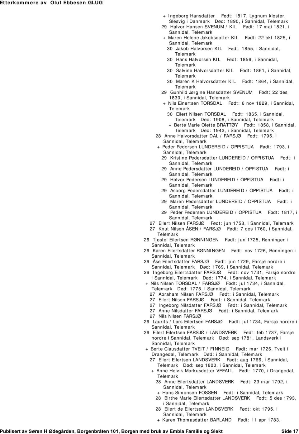 1864, i Sannidal, 29 Gunhild Jørgine Hansdatter SVENUM Født: 22 des 1830, i Sannidal, + Nils Einertsen TORSDAL Født: 6 nov 1829, i Sannidal, 30 Eilert Nilsen TORSDAL Født: 1865, i Sannidal, Død: