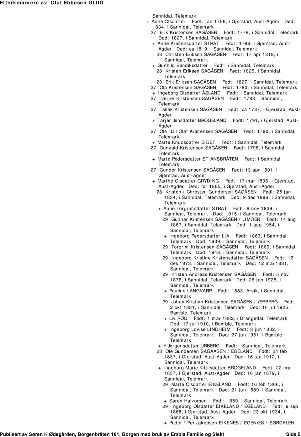 Sannidal, 28 Erik Eriksen SAGÅSEN Født: 1827, i Sannidal, 27 Ola Kristensen SAGÅSEN Født: 1780, i Sannidal, + Ingeborg Olsdatter ÅSLAND Født: i Sannidal, 27 Tærjer Kristensen SAGÅSEN Født: 1783, i