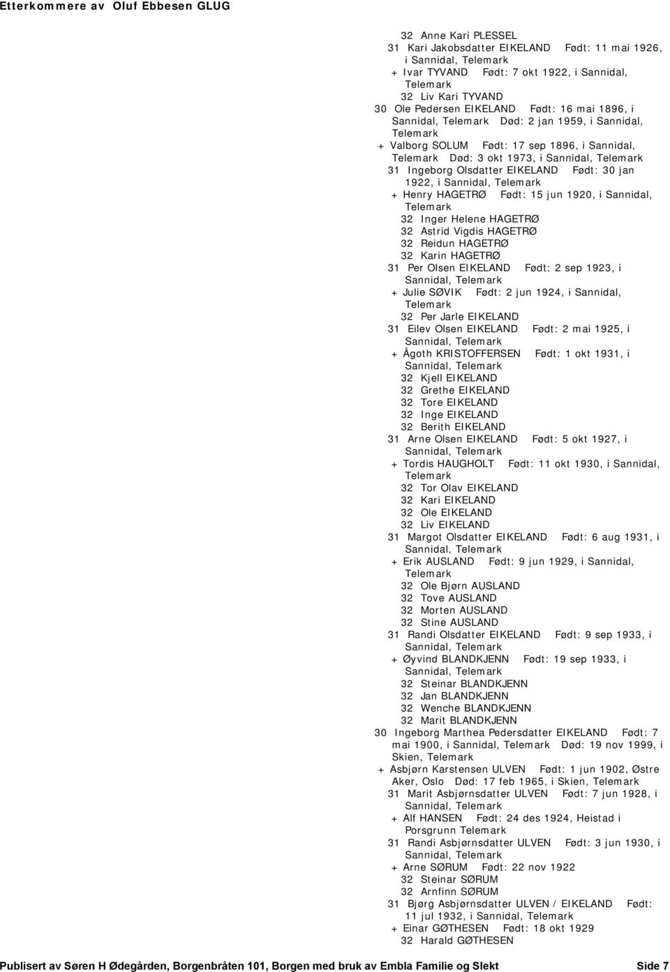 15 jun 1920, i Sannidal, 32 Inger Helene HAGETRØ 32 Astrid Vigdis HAGETRØ 32 Reidun HAGETRØ 32 Karin HAGETRØ 31 Per Olsen EIKELAND Født: 2 sep 1923, i Sannidal, + Julie SØVIK Født: 2 jun 1924, i