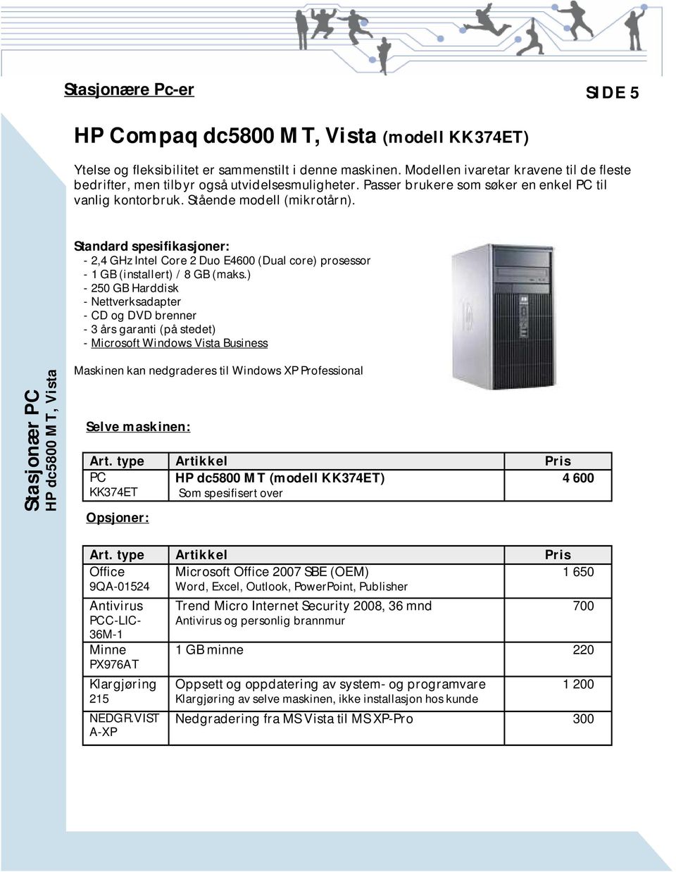 Standard spesifikasjoner: - 2,4 GHz Intel Core 2 Duo E4600 (Dual core) prosessor - 1 GB (installert) / 8 GB (maks.