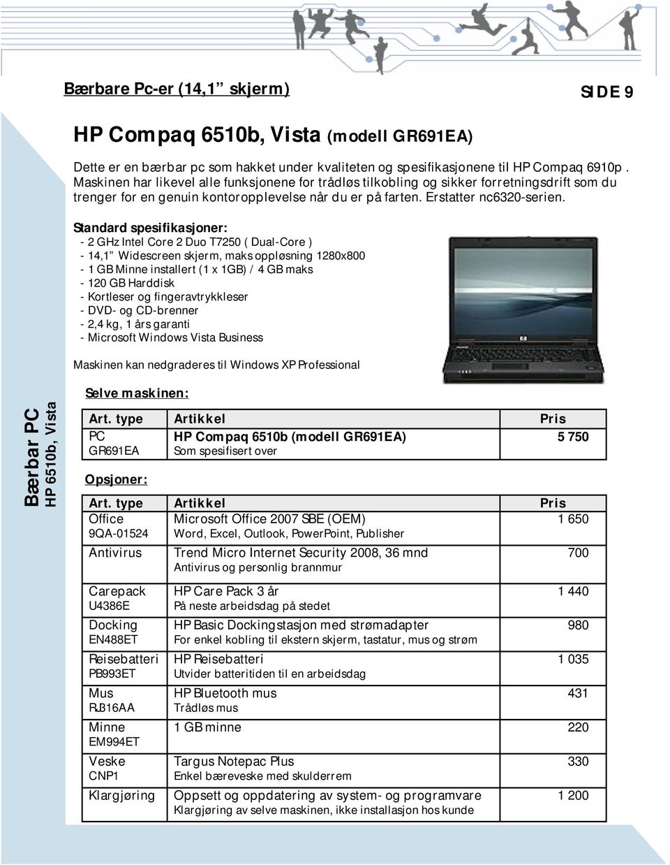 Standard spesifikasjoner: - 2 GHz Intel Core 2 Duo T7250 ( Dual-Core ) - 14,1 Widescreen skjerm, maks oppløsning 1280x800-1 GB Minne installert (1 x 1GB) / 4 GB maks - 120 GB Harddisk - Kortleser og
