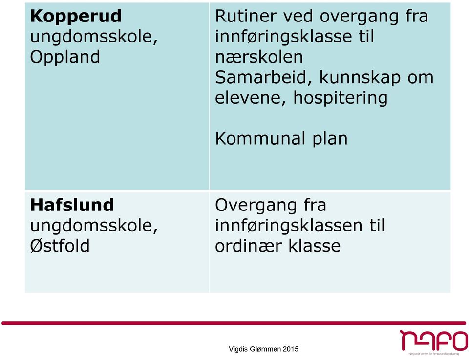 kunnskap om elevene, hospitering Kommunal plan Hafslund