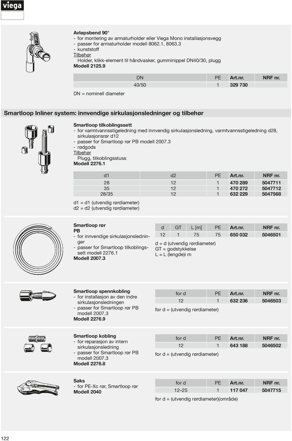 9 DN 40/0 39 730 DN = nominell iameter Smartloop Inliner system: innvenige sirkulasjonsleninger og tilbehør Smartloop tilkoblingssett -- for varmtvannsstigelening me innvenig sirkulasjonslening,