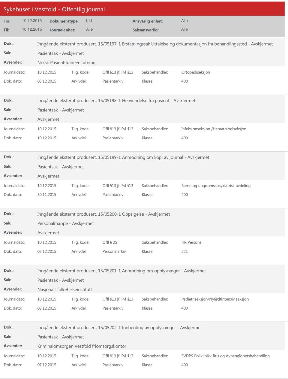 dato: Arkivdel: Pasientarkiv Inngående eksternt produsert, 15/05199-1 Anmodning om kopi av journal - Pasientsak - Barne og ungdomsspsykiatrisk avdeling Dok. dato: 30.11.