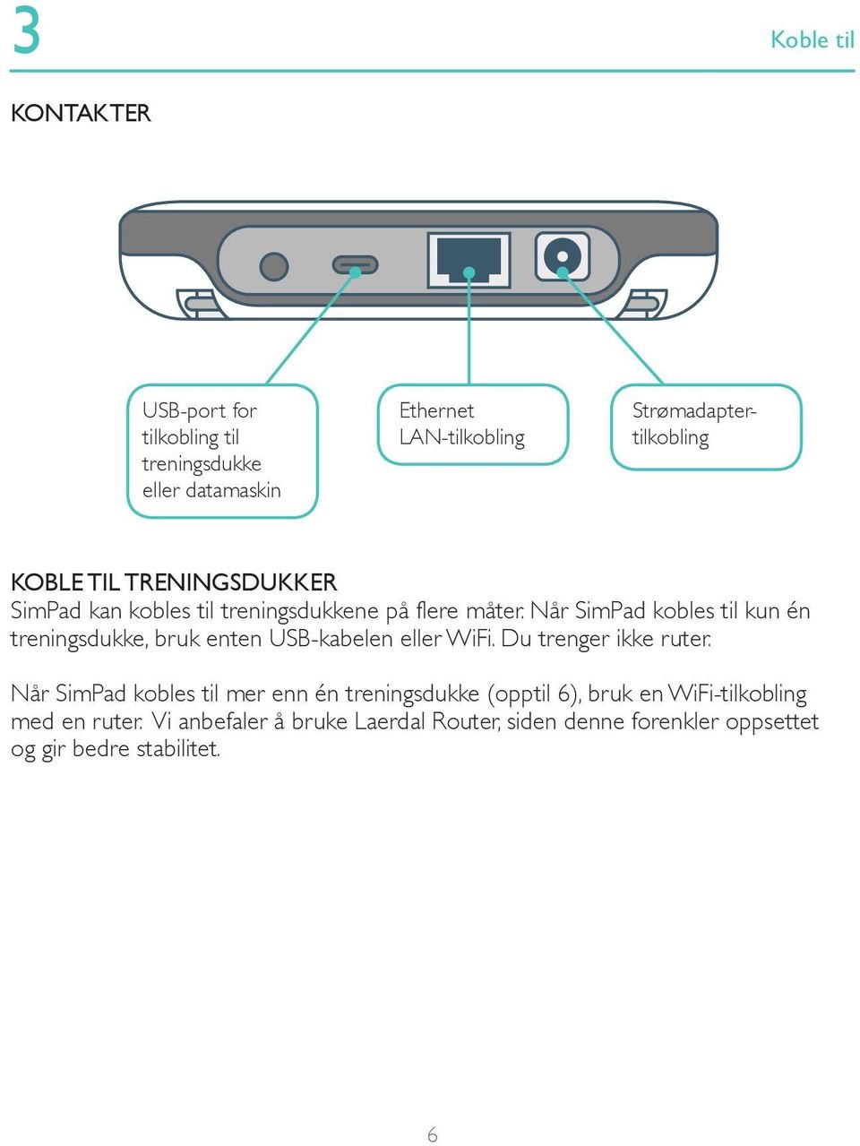 Når SimPad kobles til kun én treningsdukke, bruk enten USB-kabelen eller WiFi. Du trenger ikke ruter.