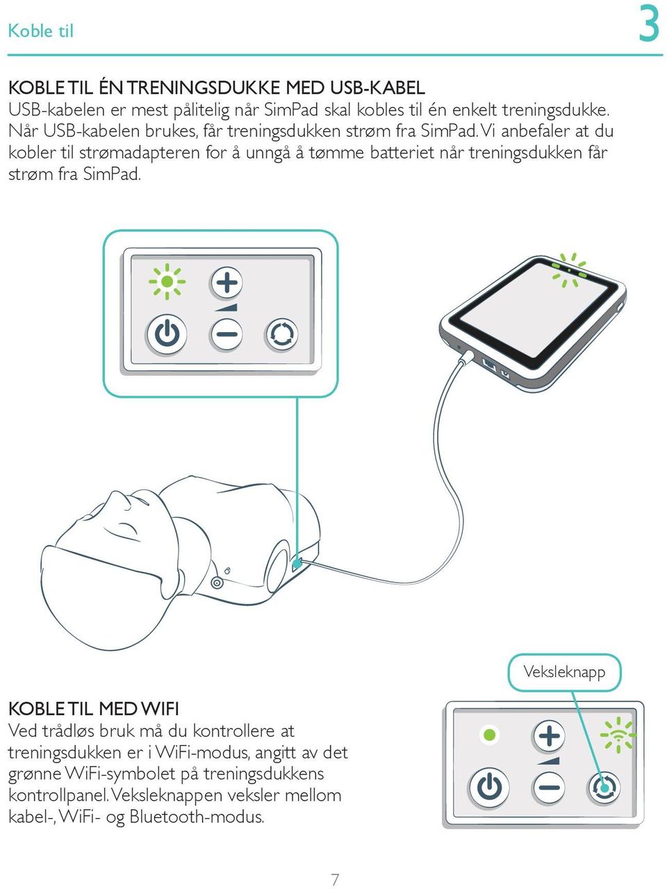 Vi anbefaler at du kobler til strømadapteren for å unngå å tømme batteriet når treningsdukken får strøm fra SimPad.