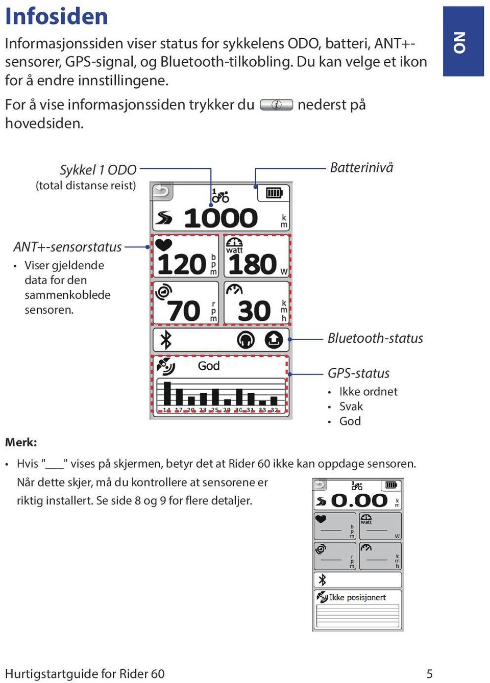 nederst på NO Sykkel 1 ODO (total distanse reist) Batterinivå ANT+-sensorstatus Viser gjeldende data for den sammenkoblede sensoren.