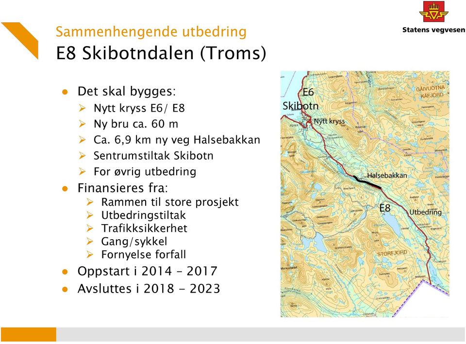 6,9 km ny veg Halsebakkan Sentrumstiltak Skibotn For øvrig utbedring Finansieres