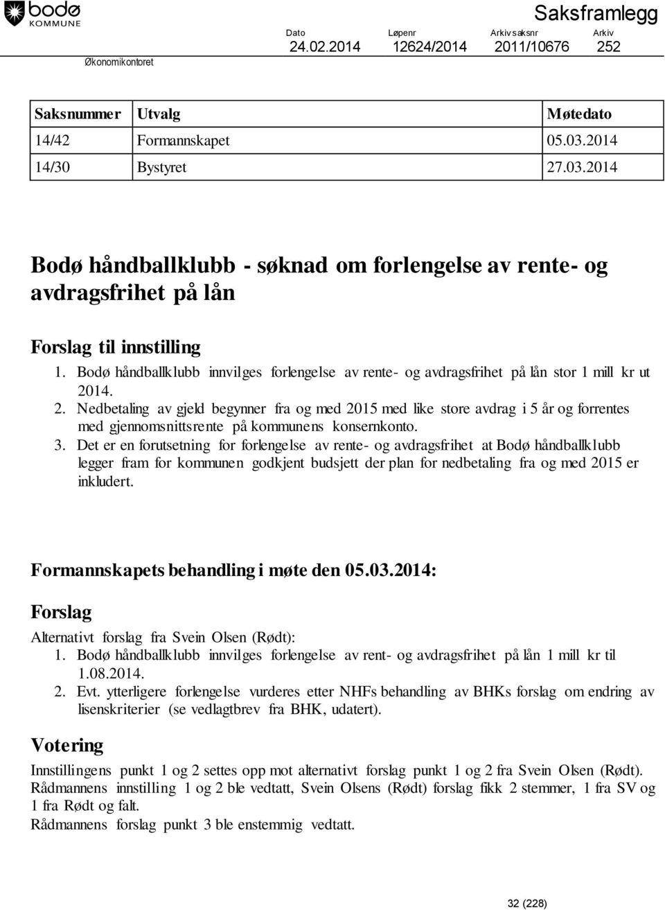 Bodø håndballklubb innvilges forlengelse av rente- og avdragsfrihet på lån stor 1 mill kr ut 20