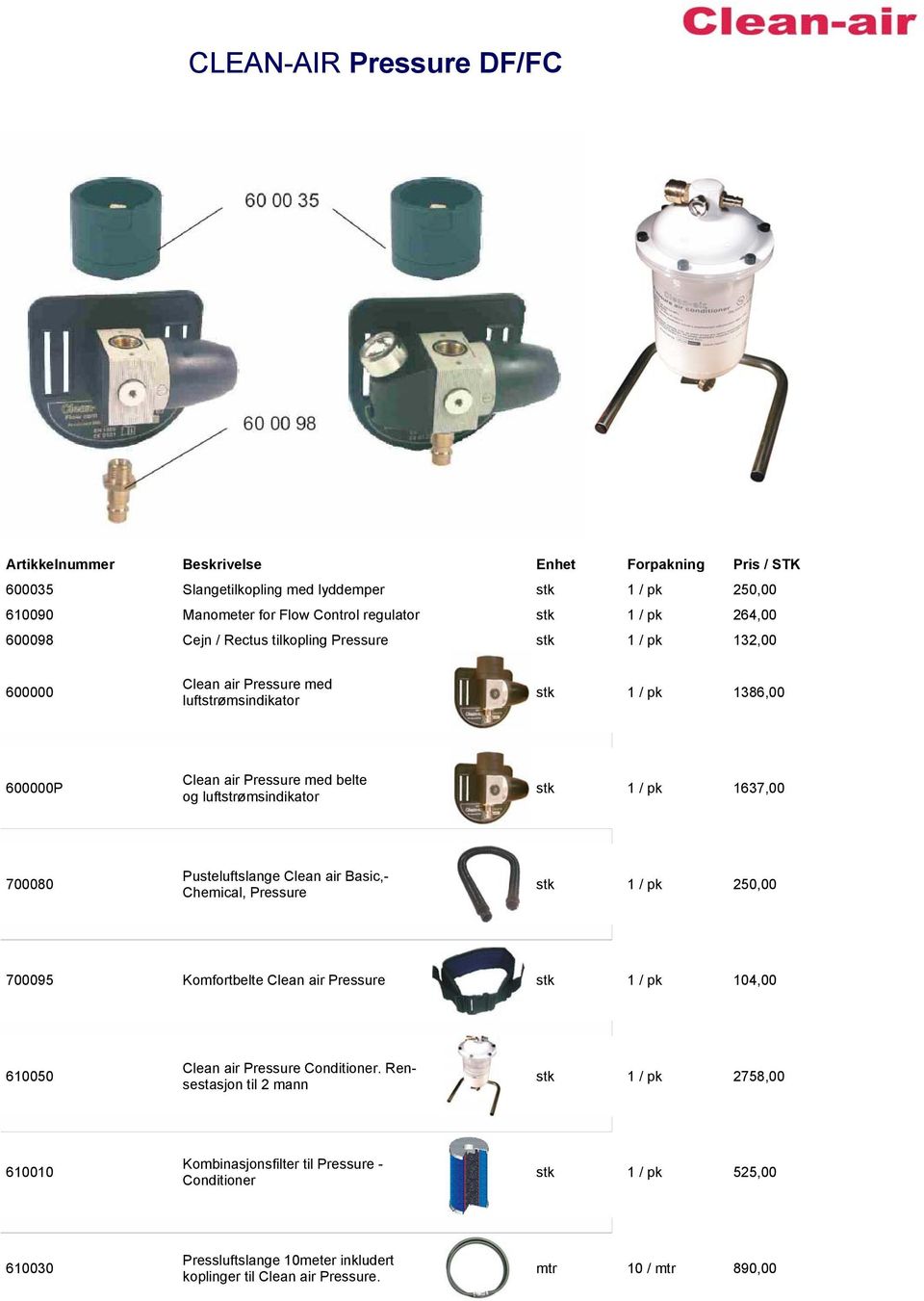 Clean air Basic,- 700080 250,00 Chemical, Pressure 700095 Komfortbelte Clean air Pressure 104,00 Clean air Pressure Conditioner.