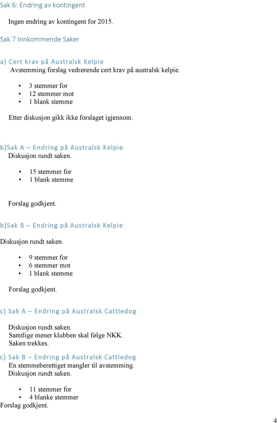 15 stemmer for 1 blank stemme Forslag godkjent. b)sak B Endring på Australsk Kelpie Diskusjon rundt saken. 9 stemmer for 6 stemmer mot 1 blank stemme Forslag godkjent.