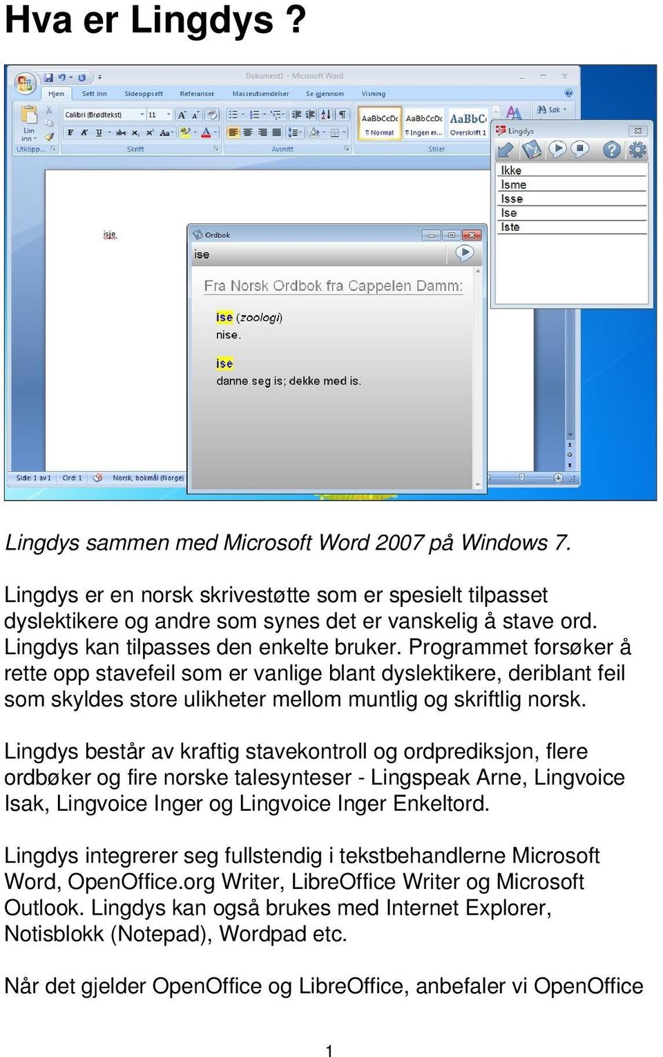 Lingdys består av kraftig stavekontroll og ordprediksjon, flere ordbøker og fire norske talesynteser - Lingspeak Arne, Lingvoice Isak, Lingvoice Inger og Lingvoice Inger Enkeltord.