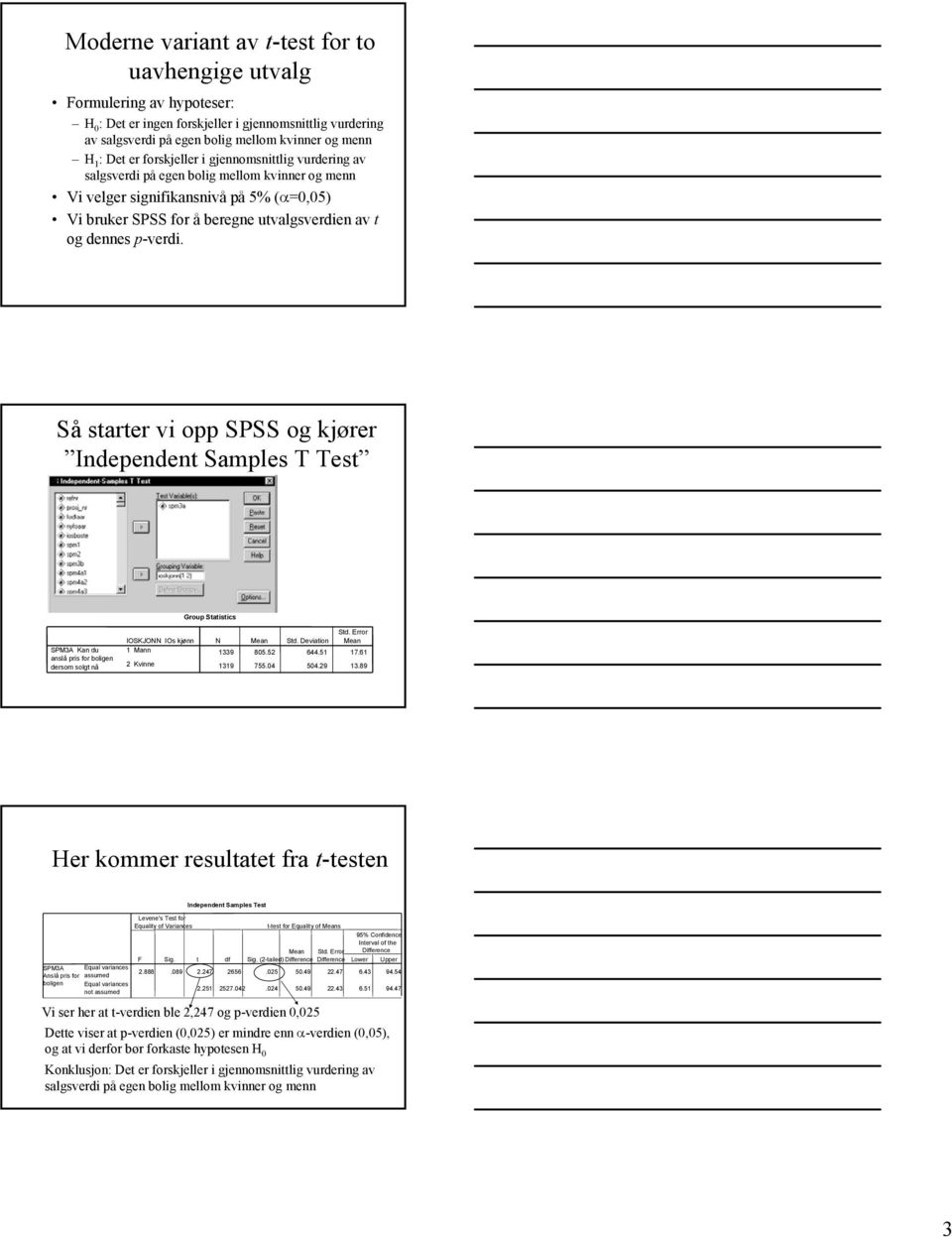 Så starter vi opp SPSS og kjører Independent Samples T Test Group Statistics SPM3A Kan du anslå pris for boligen dersom solgt nå IOSKJONN IOs kjønn 1 Mann 2 Kvinne Std. Error N Std. Deviation 1339 85.