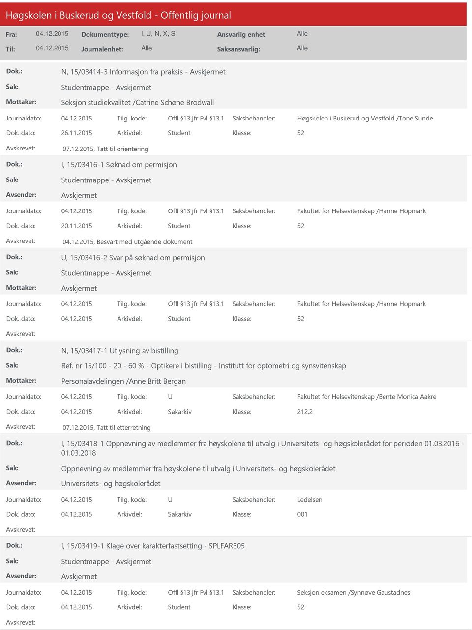 2015 Arkivdel: Student, Besvart med utgående dokument, 15/03416-2 Svar på søknad om permisjon Studentmappe - Fakultet for Helsevitenskap /Hanne Hopmark Dok.