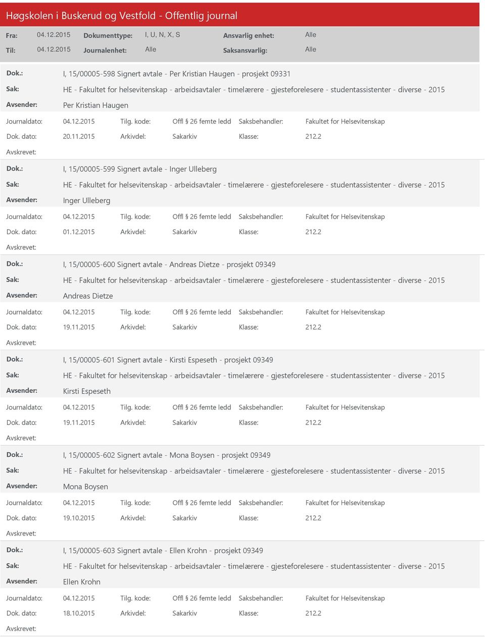 2015 Arkivdel: Sakarkiv I, 15/00005-600 Signert avtale - Andreas Dietze - prosjekt 09349 Andreas Dietze Fakultet for Helsevitenskap Dok. dato: 19.11.