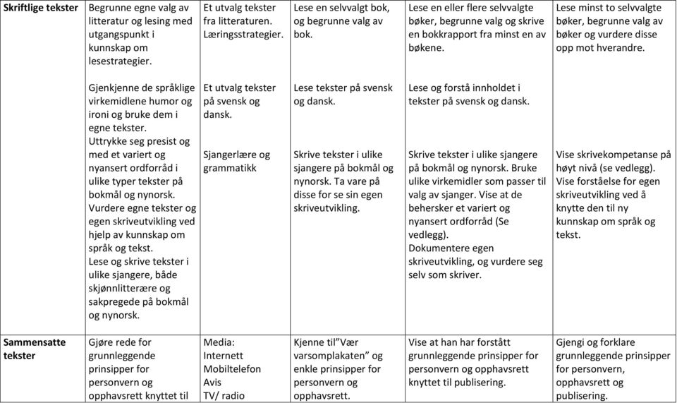 Gjenkjenne de språklige virkemidlene humor og ironi og bruke dem i egne. Uttrykke seg presist og med et variert og nyansert ordforråd i ulike typer på bokmål og nynorsk.