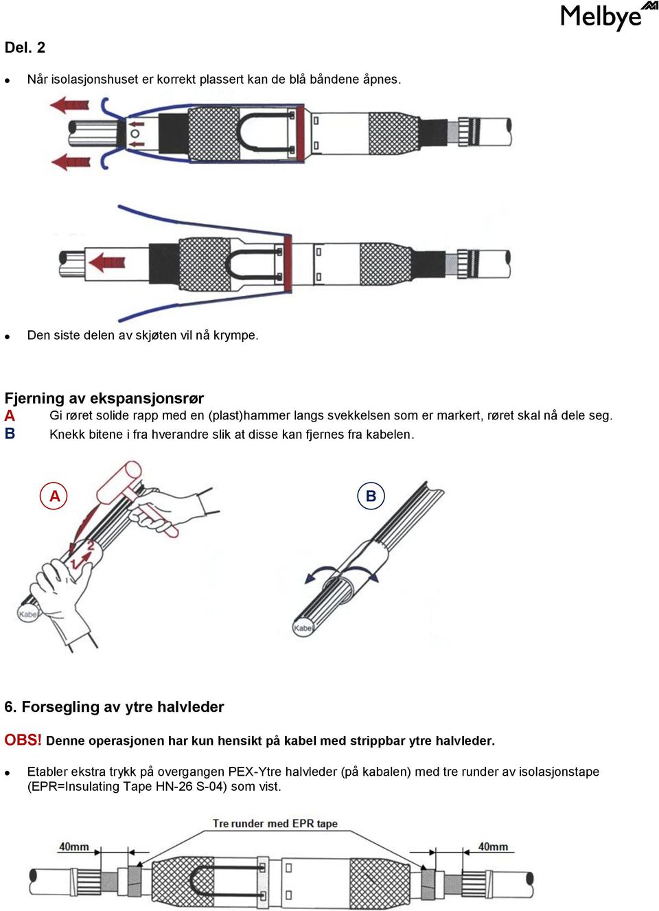 Knekk bitene i fra hverandre slik at disse kan fjernes fra kabelen. A B 6. Forsegling av ytre halvleder OBS!