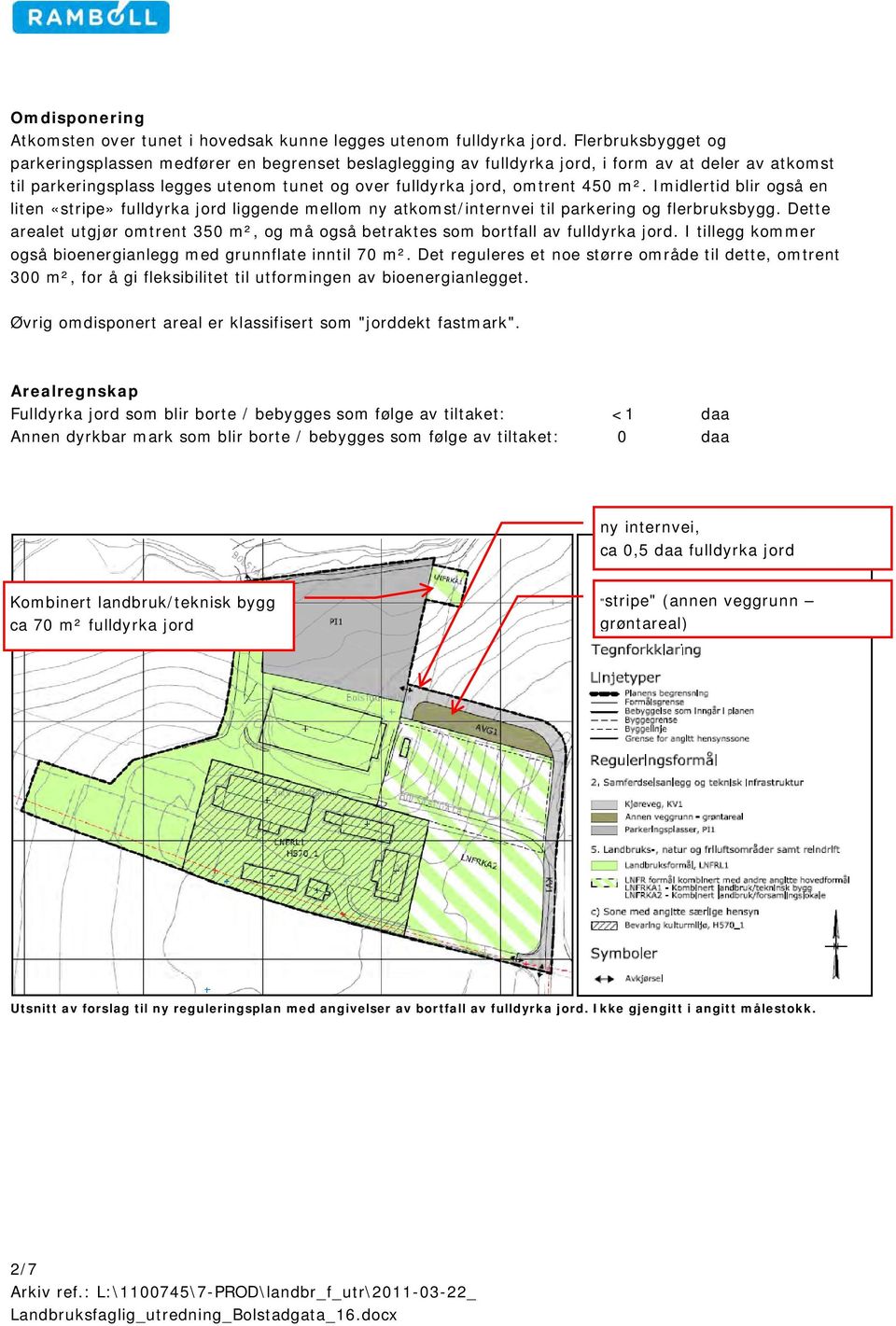 m². Imidlertid blir også en liten «stripe» fulldyrka jord liggende mellom ny atkomst/internvei til parkering og flerbruksbygg.