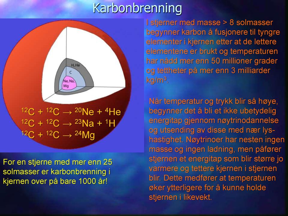 12 C + 12 C 20 Ne + 4 He 12 C + 12 C 23 Na + 1 H 12 C + 12 C 24 Mg For en stjerne med mer enn 25 solmasser er karbonbrenning i kjernen over på bare 1000 år!