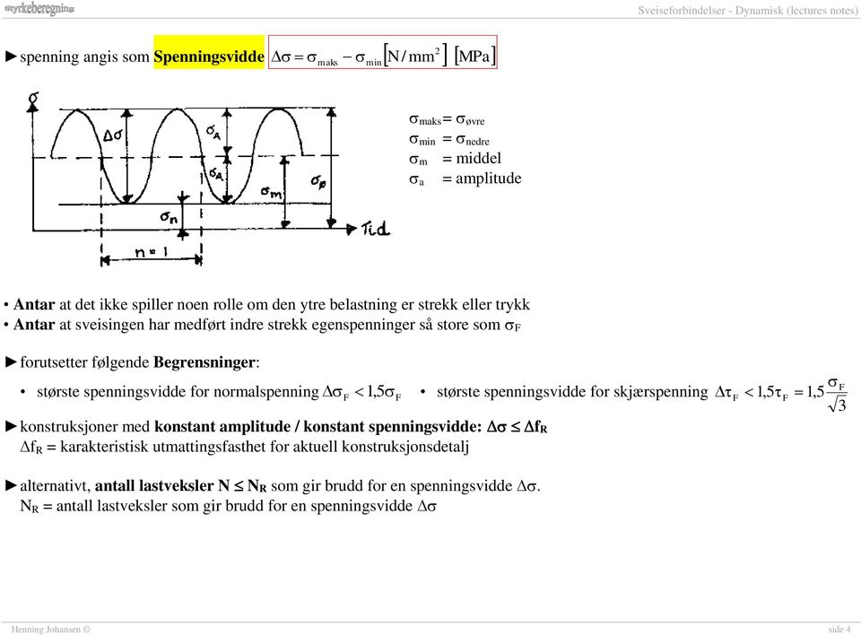 spenningsvidde for skjærspenning F 5 konstruksjoner med konstant amplitude / konstant spenningsvidde: fr f R = karakteristisk utmattingsfasthet for aktuell konstruksjonsdetalj