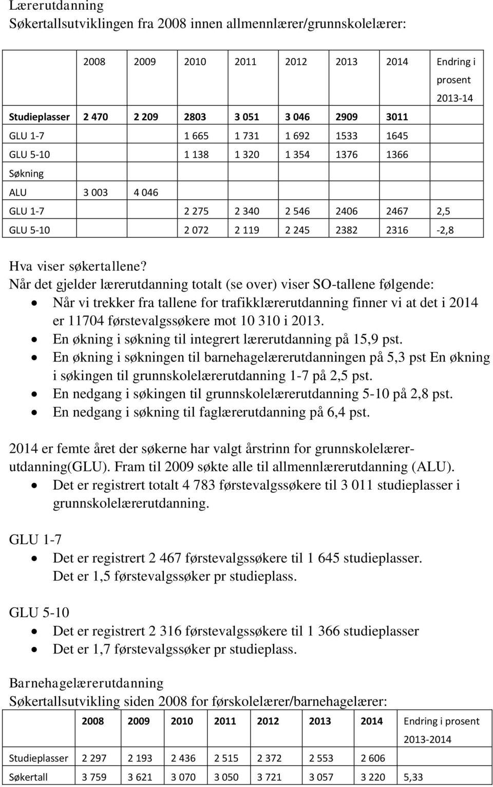 Når det gjelder lærerutdanning totalt (se over) viser SO-tallene følgende: Når vi trekker fra tallene for trafikklærerutdanning finner vi at det i 2014 er 11704 førstevalgssøkere mot 10 310 i 2013.