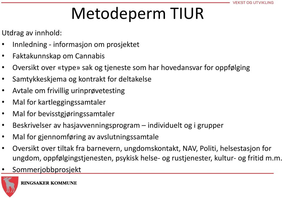 bevisstgjøringssamtaler Beskrivelser av hasjavvenningsprogram individuelt og i grupper Mal for gjennomføring av avslutningssamtale Oversikt over