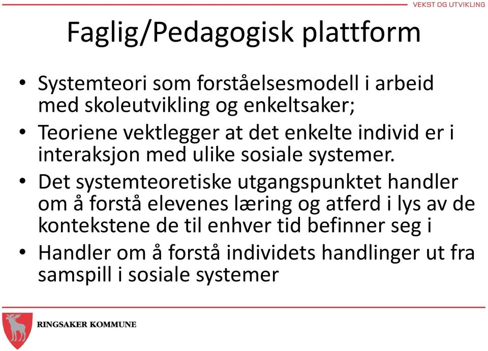 Det systemteoretiske utgangspunktet handler om å forstå elevenes læring og atferd i lys av de